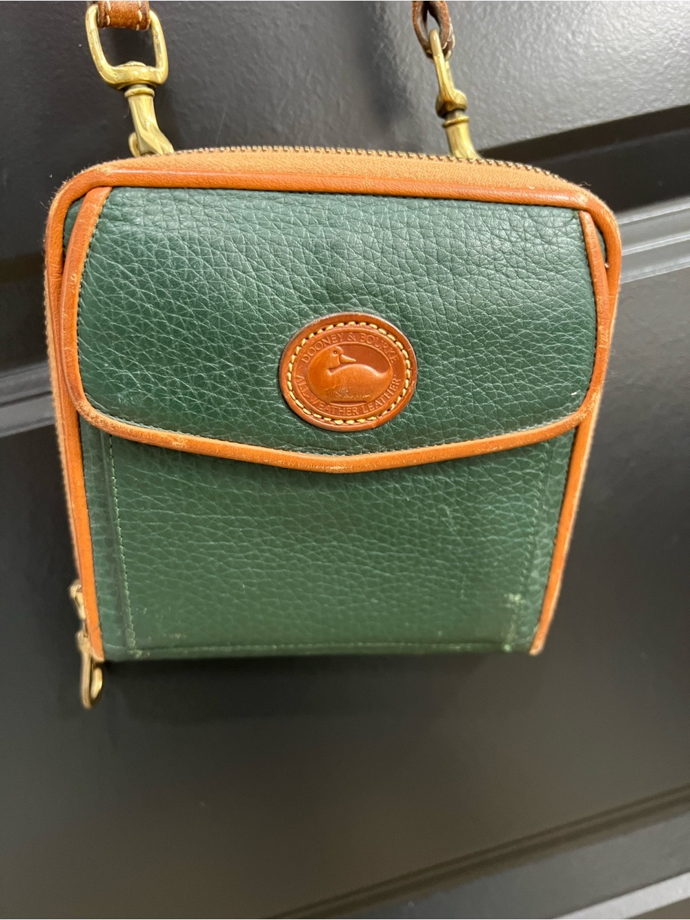 Dooney & Bourke Green Leather Crossbody with Brown Trim and Logo Patch